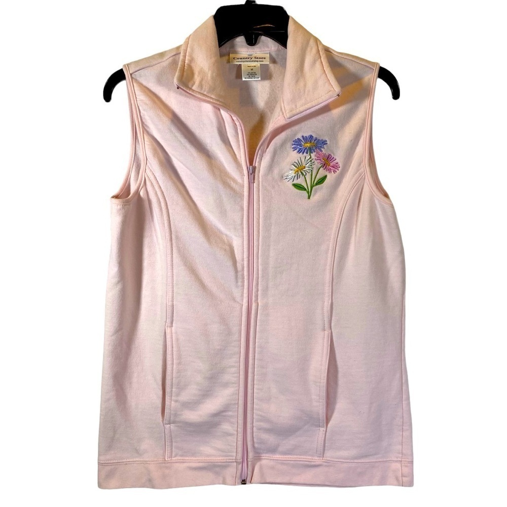 Vintage COUNTRY STORE women's size M light pink embroidered cotton zip up vest